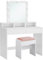 VASAGLE Schminktisch mit LED-Beleuchtung, Sitzhocker, Kosmetiktisch mit 2 Schubladen und 3 offenen Fächern, Makeup-Hocker aus Samt, für Schlafzimmer, weiß und mattweiß-pastellrosa RDT714W01