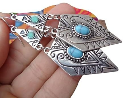 ꧁ ZWEITEILIGE SPITZE BOHO ETHNO HOWLITE OHRRINGE ꧂ INDIGENA INDIANER EINGEBORENEN OHRRINGE mit hellblauem Cabochon