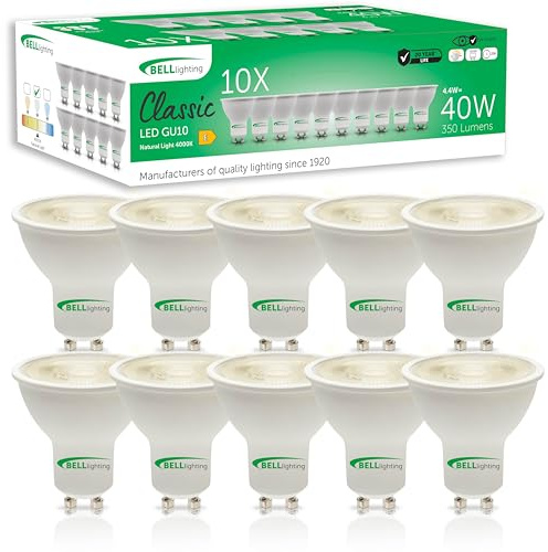 BELL Lighting GU10 Dimmable LED Spotlight Bulbs Natural White 4.4W 10 Pack | Dimmable GU10 LED spotlight bulbs with 4000K natural white light, 350lm output and 38 degree beam for downlights.