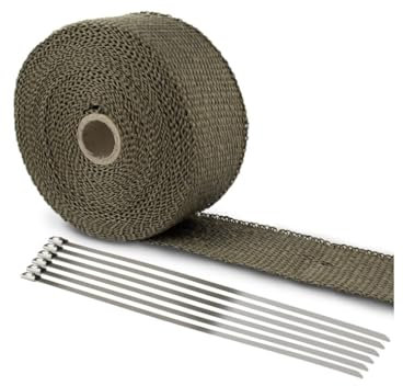 15M Hitzeschutzband Auspuff Dichtband Basaltfaser Auspuff Bandage mit 10 Kabelbinder Edelstahl Hitzeschutzband Selbstklebend für Fächerkrümmer Thermoband Krümmerband Auto Motorrad Auspuff (Titan Gold)