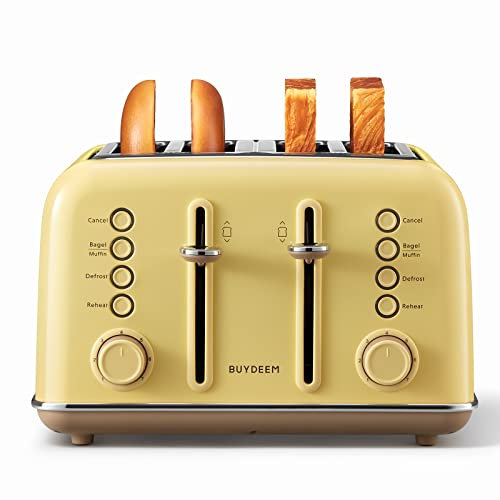 BUYDEEM Grille-pain rétro 4 tranches, fentes extra larges, en acier inoxydable avec levier de levage, fonction bagel et muffin, plateau à crumb amovible, 7 réglages d'ombre à toast - Jaune mellow