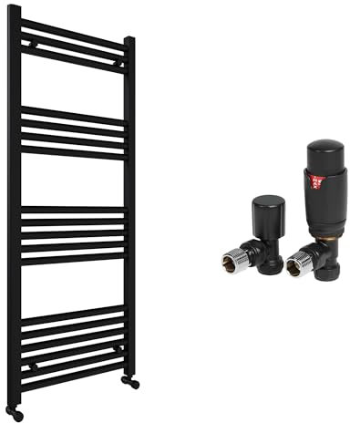 Matt Black Bathroom Straight Heated Towel Rail Radiator 500 x 1200 & Angled Thermostatic Valves