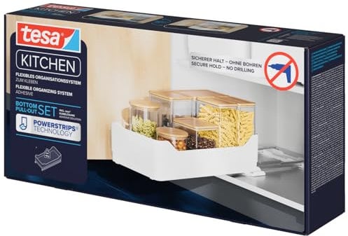 tesa Schubladen Organizer - Küchenschrank Organizer – selbstklebende ausziehbare schublade ohne Bohren zum Nachrüsten – mit schubladenschienen Teleskopschublade Küche Pantry Organisation – 55 x 30 cm