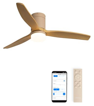 CREATE / WINDCALM M/Ventilador de techo ABS con luz arena efecto aspas madera clara con Wifi y mando / 40W, Silencioso, Ø132 cm, 3 temperaturas de luz, temporizador, función verano-invierno