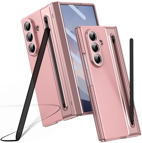 Hülle für Galaxy Z Fold 7, Samsung Fold7 Hülle mit integriertem Scharnierschutz, Samsung Galaxy Z Fold7 Lederhülle mit Displayschutz + S Pen Stylus Ersatz + Stifthalter-Rosa