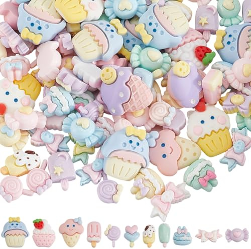 SOFPLATE 120 Stück 6 Stile Mini Lebensmittel Harz Charms Flache Rückseite Harz Cabochons Verschiedene Lutscher Kuchen Süßigkeiten Eiscreme Dessert Schleifen Charms Für Heimwerker Basteln Dekoration Sc