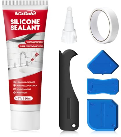 NoxGule Silicone per Doccia, Silicone Bianco, Silicone Sigillante Impermeabile, Viene Fornito con un Set di Quattro Raschietti, Adatto per Fessure del Lavello Della Cucina e del WC, 150ml