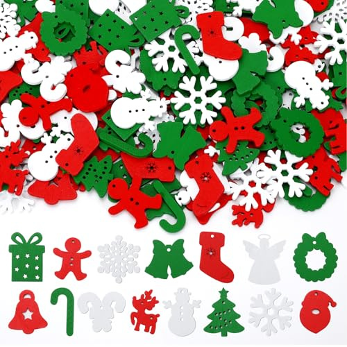 JUNEBRUSHS 150pcs Holz Weihnachtsstücke Rot Grün Weiß Tischdeko Weihnachtsstücke Handwerk DIY Holz Winter Weihnachten DIY Baum hängende Dekoration (1,1 Zoll, 15 Modelle)