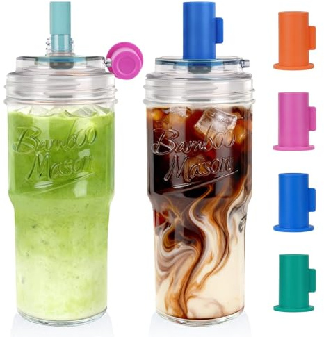ANOTION 2pc Glass Tumbler with Lids and Straws, 24oz Mason Jar Cups, Leak-Proof Dust-Proof Mini Cap, Self-Assembly Silicone Straw, Reusable Iced Coffee Smoothie Matcha Cup Aesthetic Coffee Gifts Women