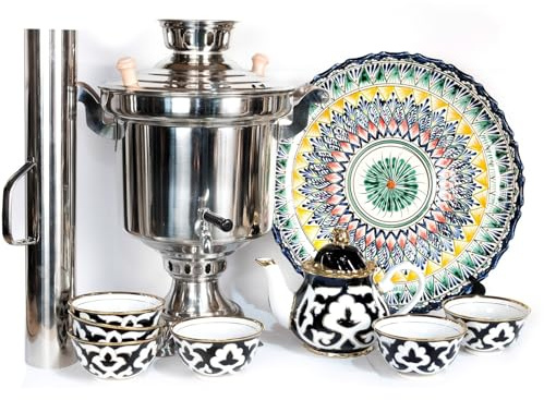 Set Samowar 5 Liter aus Edelstahl mit Schornstein Holzfeuer Holzkohle Русский Самовар на углях Teeservice Pahta Gul (7-teilig) Pahta gül in blau Porzellan Lagan Teller Usbekisch Ляган Ljagan