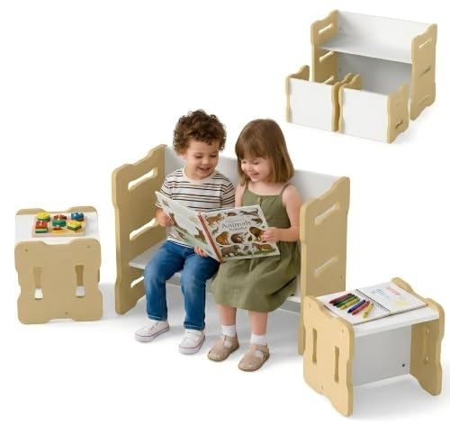 LIFEZEAL Kindertisch mit 2 Stühlen, Montessori Kindersitzgruppe mit Wendebank, Kindertisch- und Stuhlset zum Lesen,Essen & Spielen, Kinder Tisch Stuhl Set für Kindergarten & Kinderzimmer (Natur)