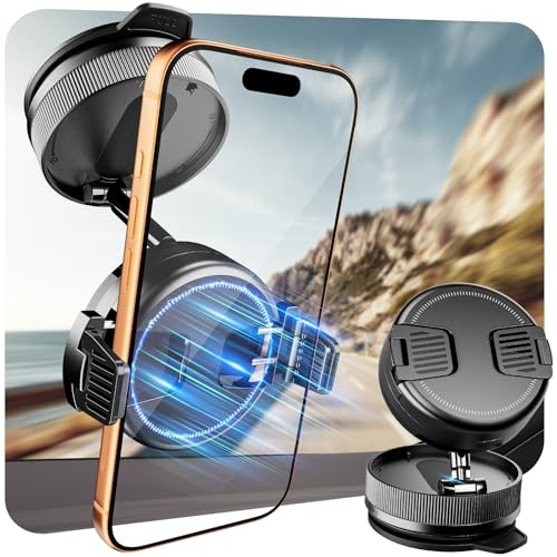 MiiKARE For Magsafe Car Phone Holder with Clamp Grip Vacuum Magnetic Phone Holder for Car/Gym/Mirror,[120+LBS Suction&3000gf Magnetic] Suction Car Mount for Dashboard,Windscreen,Screen&Centre Console