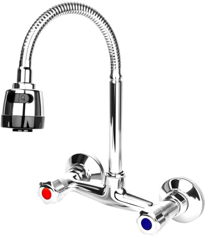 YYTECH Mezclador de pared de latón con dos manijas giratorio de 360°, interruptor de agua fría y caliente, grifo de pared, grifo de cocina, 2 modos de drenaje de agua, para cocinas, etc