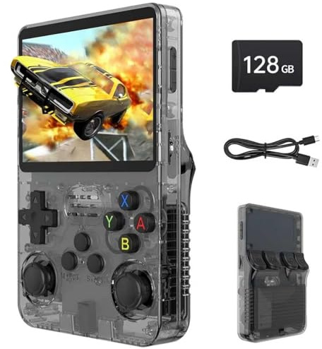 R36s Pro Retro Handheld Game Console, 3.5in IPS, 128GB Retro Gaming Console with 30000+ Classic Games, Rechargeable Battery, Linux System, 20+ Mainstream Emulators (Translucent Black)