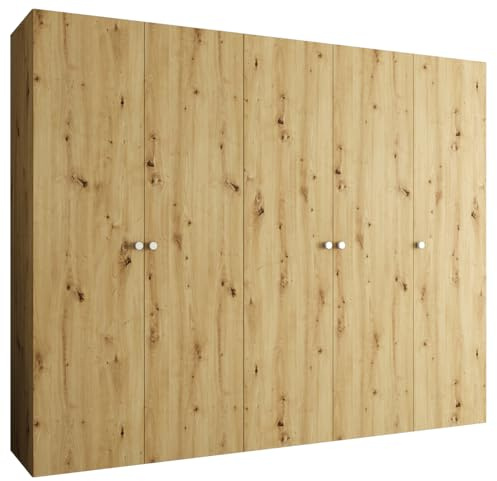 MEBLE KRYSPOL - Kleiderschrank - Garderobenschrank - 250 cm x 202 x 52 cm - Schrank mit Kleiderstange, 5 Türen - für Schlafzimmer, Flur - Parma, Artisan-Eiche, Griff Silber