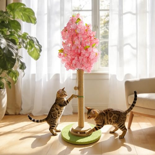 Purrsign Cherry Blossom Cat Scratching Post, 91 cm Tall Natural Sisal Sturdy Base Tower with Interactive Trackball Toy for Indoor Kittens & Large Felines, Japanese Aesthetic Floral Furniture Decor