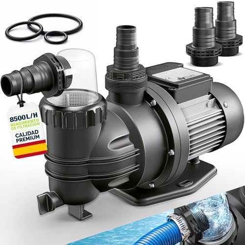 tillvex® Filterpumpe Pool 8.500L/h & 450W | Poolpumpe Förderhöhe max. 9m | Schwimmbadpumpe Poolfilter für 33m³ Pools | Poolpumpe Umwälzpumpe selbstansaugend für Pools Aufstellpool Spa mit Vorfilter