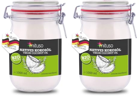 aceite de coco orgánico mituso, nativo, paquete de 2 (2 x 1000 ml) en una jarra de planchado