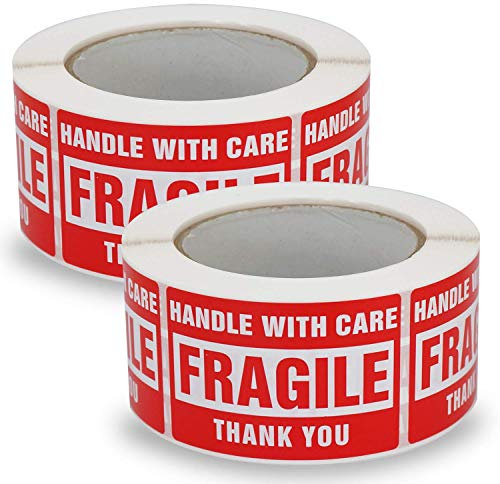 2 Rollen, 50mm x 75mm, Warnaufkleber für zerbrechliche Waren, 1000 Etiketten werden verwendet, um die Verpackung zu schützen, HANDLE with CARE FRAGILE THANK YOU