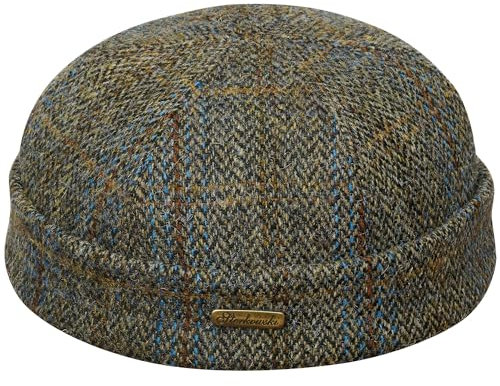 Sterkowski Docker Mütze | Harris Tweed Beanie Kappe für Herren und Frauen | Docker Cap Leon der Profi Beanie Herren Fahrrad Mütze Kapitänsmütze Herren Wintermütze Herren Braun/Blau Kariert 61 cm