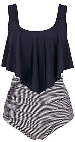 Aidotop Damen Badeanzug Rüschen Zweiteilige High Waist Bikini Retro Sätze mit hoher Taille Bademode Strandkleidung(8black Stripe,XL)