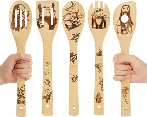 Cucharas de madera únicas para cocinar, Pesadilla antes de Navidad Gadgets, Juego de utensilios de cocina de bambú orgánico antiadherente, Juego de utensilios de cocina para inauguración de la casa