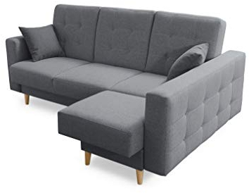 Robin Hilton Ecksofa mit Schlaffunktion Bettkasten 2 Kissen Sofa L-Form Schlafsofa Freistehende Eckcouch Schlafcouch Wohnzimmermöbel Wohnlandschaft Rechts Grau