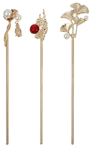 Luxshiny 3 Stücke Chinesischer Haarstab Braut Perlen Haarnadel Metall Japanische Haarstäbchen Blumen Haar Essstäbchen Haarspange Haarstock Retro Haarschmuck Pin für Damen Mädchen