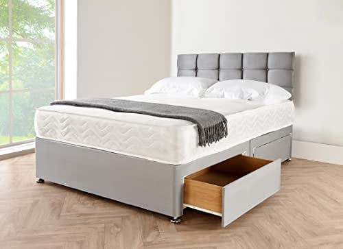 Grey Suede Divan Bed Base With Spring memory foam Mattress, Cube Headboard & 2 Storage Drawers (Without Drawers, 4FT6 Double) (new 2022)
