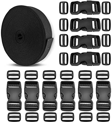 Emny 1 Zoll Schnallengurt-Set, 10 Yards Schwarze Webbing Gurte mit 10 seitlichen Nylonschnallen und 20 dreieckigen Schiebern - Kunststoffschnallen, kein Nähen erforderlich, für DIY-Gepäckgurte