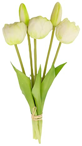 MIJOMA Künstliche Tulpen, künstliche Blumen, Real Touch,Tisch-Dekoration (5 Stück - Länge 28cm, weiß)
