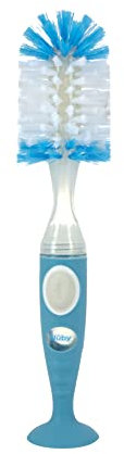 Nuby Easy Clean Dispensing Soft and Durable Bristle Bottle Brush with Textured Handles and Suction Base, 2 in 1 System, Blue