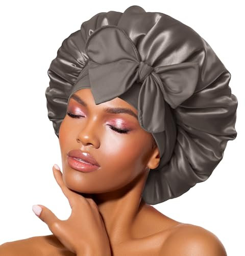 BONNET QUEEN Seidenhaube zum Schlafen, Satin Schlafhaube für Damen & Herren, Bonnet für Lockiges, Glattes Haar, Seidenhaube mit Breitem Elastikband, Motorhaube für Nacht & Alltag, Graulila
