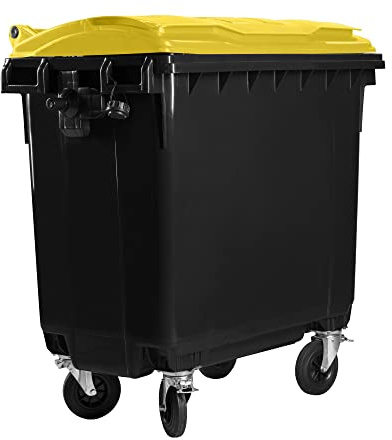 Hardwex Müllcontainer mit 4 Rädern mit Flachdeckel, Müllgroßbehälter, Abfalltonne, Mülltonne, Volumen: 660 Liter, Farbe: Grau/Gelb, Größe: 1 228 x 1 370 x 778 mm