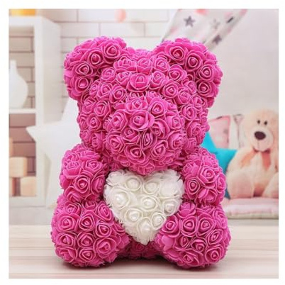 OISE ART STORE Trade Shop - Orsacchiotto Orsetto Orso di Rose con Fiori da 40cm Rosa con Cuore Bianco