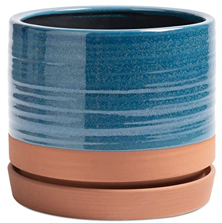 HERDUK Pot de fleurs rond en céramique avec trou de drainage et soucoupe de 20,3 cm pour intérieur/extérieur, bleu et terre cuite