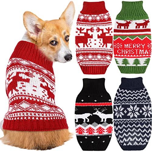 4 Stück HundeWeihnachtspullover Warm Strick Hundepullover Rollkragen Niedlich Weich Hundepullover Kostüm Rentier Schneeflocke Hund Weihnachten Outfit Kaltes Wetter Haustier Weihnachtskleidung für