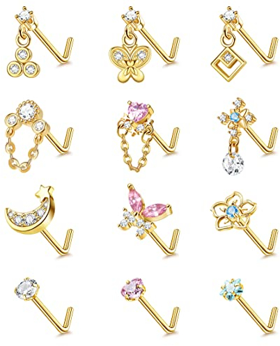 Morfetto 12 Pcs 20G Anneaux de Nez Pendants Goujons pour Femmes Anneaux de Nez à Vis en Forme de L en Acier Chirurgical pour Femmes Coeur Lune Étoile Fleur Papillon CZ Bijoux de Piercing LG
