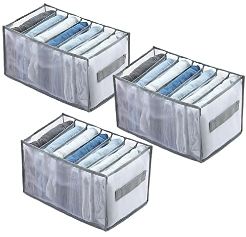 AHRITA 3 Stück Kleideraufbewahrung aus Mesh Faltbare Schrank Organizer, Organizer Kleiderschrank für Jeans Hosen Hemden 7 Staufächer