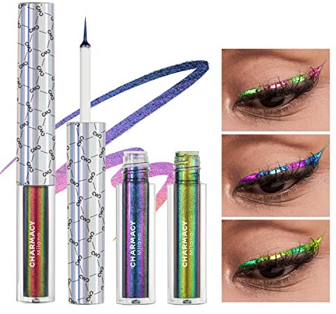 CHARMACY Chameleon Liquid Eyeliner, Flüssiger Glitter Eyeliner, Hochpigmentierter, metallisch intensiver MultiColor Shifting wasserfester Eyeliner, Ultrafeine Spitze, Langlebig, wischfest (SET2-246)