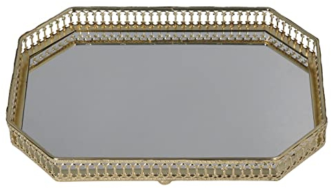 HERCHR Spiegel-Dekorationstablett, Parfüm-Tablett, goldenes Spiegel-Tablett für Badezimmer-Waschtisch, Vintage-Kommode-Tablett, Schmuck-Schmuck-Organizer, Make-up-Tablett