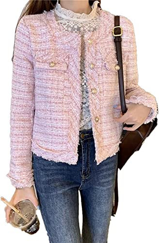 Blazer en Tweed Blanc à Carreaux avec Poches élégant, Mince, pour Le Travail et Le Bureau, Blazer Court sans col, Coupe à Revers, Veste, Blouson (Rose,L)