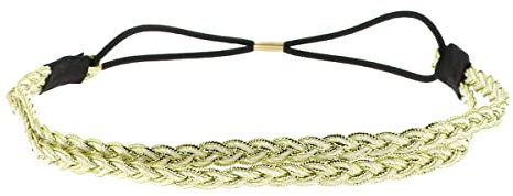 Goldenes Glänzendes Damen Haarband - Original Geflochtenes Hairband - Dünnes elastisches Stirnband Einheitsgröße - Hochzeit oder Party Headband - Vintage Look Boho Hippie Chic