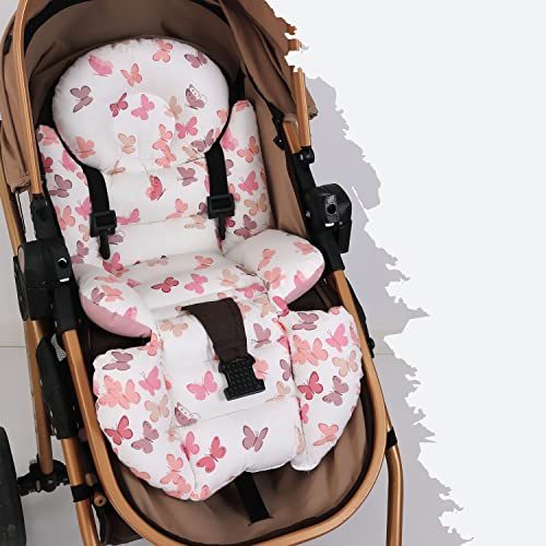 Andija Orthopädisches Kinderwagenkissen mit Lordosenstütze, Baumwollstoff Sitzauflage 35x80cm (Powder-Butterfly)