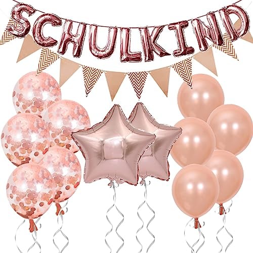 VIKY® Schulanfang Deko Einschulung Mädchen Junge,14 Stück Einschulung Deko Mädchen Set,Schulkind Deko Rosegold 2025,Deko Schulanfang mit Wimpelkette,Stern Einschulung Folienballon,Konfetti Luftballons