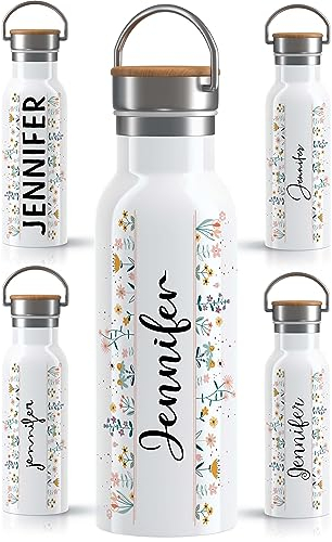 OWLBOOK Blumen Schnörkelschrift Trinkflasche personalisiert Erwachsene Frauen Edelstahl 600ml - Thermo Wasserflasche auslaufsicher schadstofffrei wiederverwendbar BPA frei - für Büro Sport &