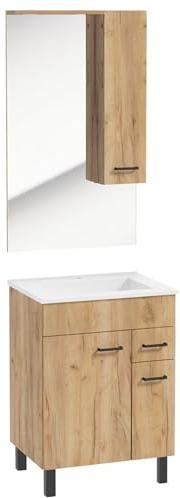 .Deftrans Domodomo Badschrank mit Waschbecken und Spiegel 104 cm, Waschbeckenschrank 85 x 60 x 40 cm, Keramik-Waschbecken-Set, Badmöbel-Set