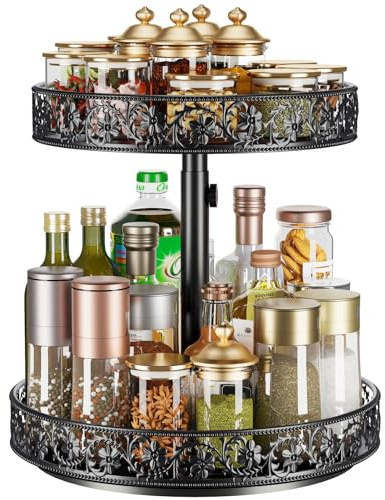 Two Tier Lazy Susan Organizer Turntable Height Adjustable, 2 Tier Lazy Susan 12 Inch Metal Easy Assembly, Spice Rack Organizer Rotating for Cabinet Dining Table Top Kitchen Countertop Black