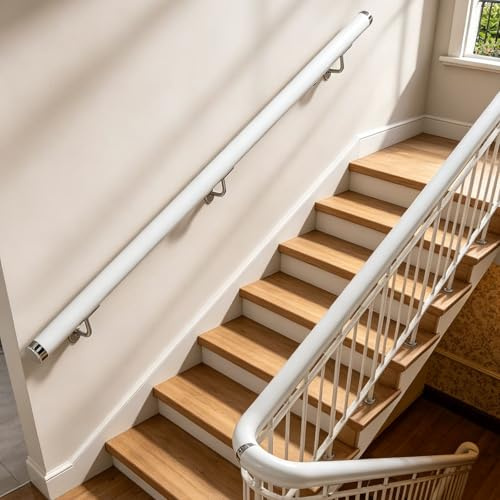 Corrimano in legno bianco 150cm Dawselod, Corrimano rotondo per scale, Balaustra da parete per scale, Barra di sicurezza antiscivolo da esterno per bambini, anziani e disabili