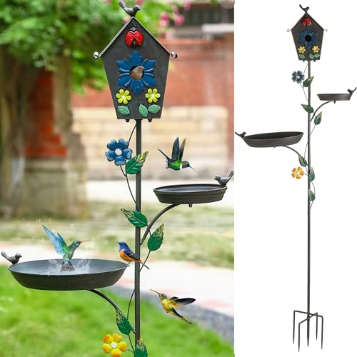 Metal Bird Bath Feeder and Bird House on Pole, 69.5 H Free Standing Bird Houses, Tall Cast Iron Bird Baths with 5-Prong Stake, Stylish Birdhouse with Birdbath Bowl for Outdoors Garden Yard Decor